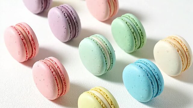 Assorted Pastel French Macarons Artfully Arranged on a Clean White Background Showcasing a Delightful Variety of Sweet Flavors and Elegant Confectionery