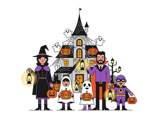 Halloween Family Celebration: A delightful family stands together, fully costumed, radiating joy and excitement in front of a spooktacular haunted house decorated for the occasion.