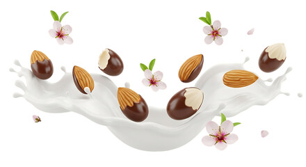 Chocolate covered almonds splashing into milk isolated on transparent background