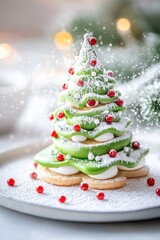 Festive christmas tree cookie tower with icing and berries on holiday background