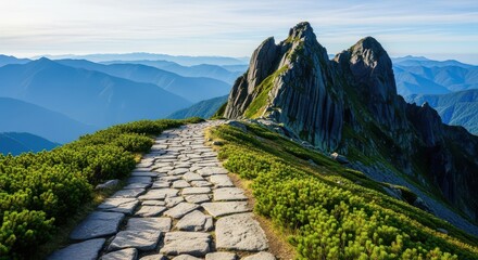 Stone Path Leading to Rugged Mountain Peaks Under a Blue Sky