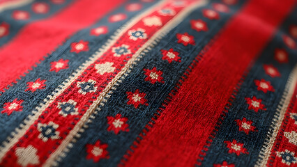 Close-up of traditional red and white woven fabric