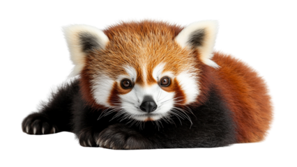 Cute red panda lies on transparent background showcasing its fluffy fur and adorable expression. animal reddish brown coat and white markings are clearly visible