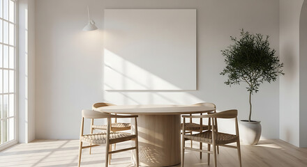 Bright dining room interior with wooden table, chairs, olive tree, and blank frame mockup on wall