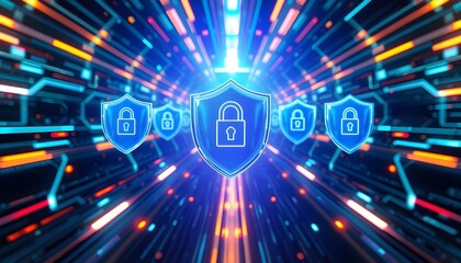 Digital security concept with a shield and lock, representing data protection and cybersecurity.