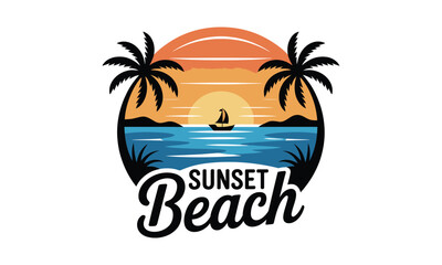 Tropical sunset beach scene with palm trees and sailboat logo design
