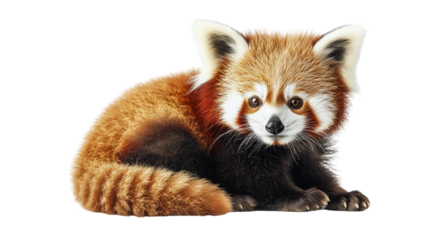 Cute red panda with fluffy tail and distinctive facial markings is resting on transparent background. Its soft fur and gentle expression create charming and serene image
