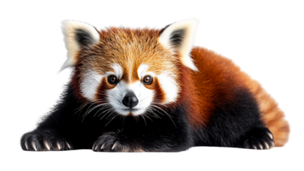 Cute red panda lies on transparent background showcasing its fluffy fur and distinctive facial markings. animal relaxed pose and vibrant colors create charming and engaging image