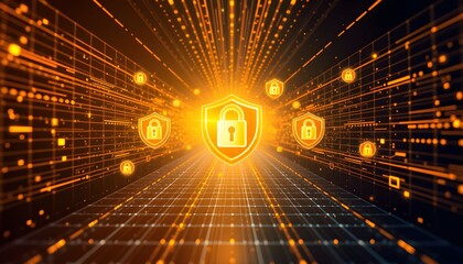 Digital security concept with glowing shields and locks on a futuristic grid background.