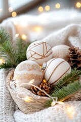 Cozy christmas basket with pinecones and elegant ornaments in soft holiday light