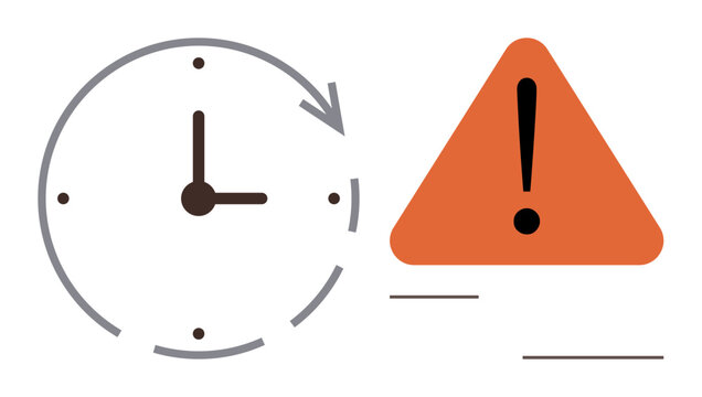 Clock with a circular arrow next to a triangular orange warning sign. Represents urgency, deadlines, caution, or time-sensitive tasks. Ideal for productivity, planning, reminders, alerts risk