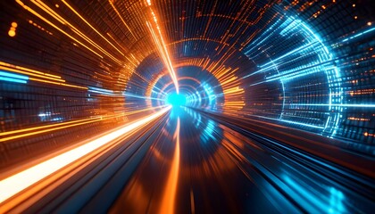 Futuristic tunnel with glowing orange and blue lights, representing data flow and technology.