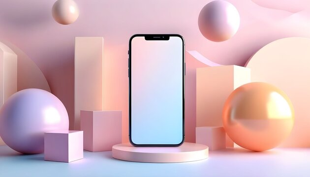 Modern smartphone mockup on a pastel pink and purple geometric display with abstract shapes and spheres, ideal for product presentation.