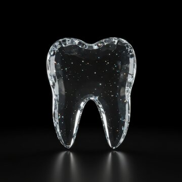 Transparent crystal tooth with sparkling highlights against a dark background, symbolizing dental health