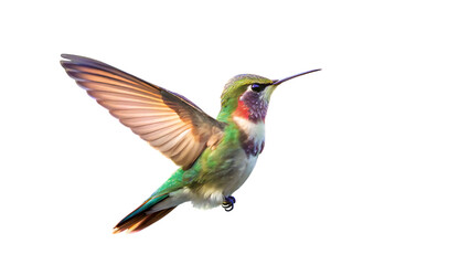 Broadtailed hummingbird in flight isolated on transparent background, close up