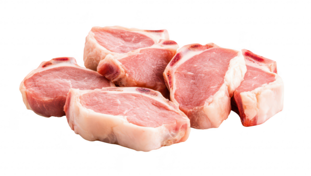 Freshly cut pork chops stacked on a clean white surface. their pinkish-red color and marbling. ideal for cooking or culinary presentations