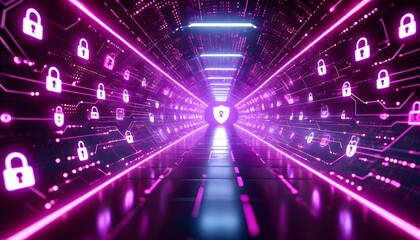 A futuristic digital tunnel with glowing pink circuit board patterns and security lock icons, leading to a central shield emblem.