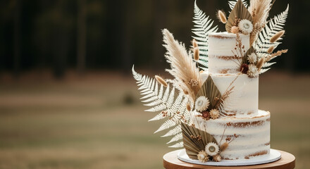 Obraz premium Wedding cake with delicate decorations on brown wooden stand, beautiful dessert with white frosting, a wonderful wedding cake at celebratory outdoor event. Celebrate your special day,