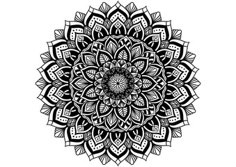 Intricate mandala coloring page with detailed floral and ornamental line art design. Perfect for relaxation, mindfulness practice, yoga, meditation, stress relief, and creative art therapy activities.