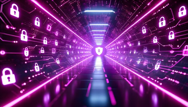 A futuristic digital tunnel with glowing pink circuit board patterns and security lock icons, leading to a central shield emblem. - Powered by Adobe