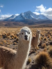 Beautiful alpacas against the backdrop of the snowy mountains of South America