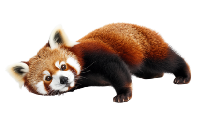Cute red panda lies playfully on transparent background showcasing its fluffy fur and curious expression