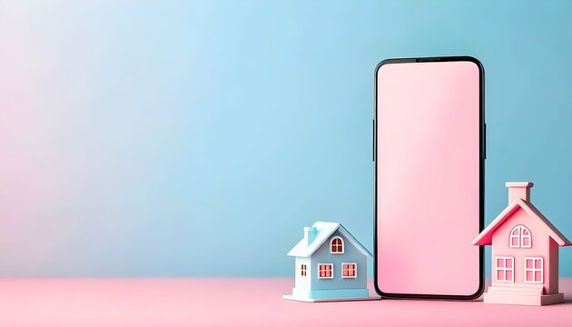 A minimalist composition featuring a smartphone and two miniature houses against a pastel blue and pink background.
