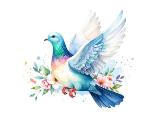 Obraz premium Colorful Watercolor Dove with Floral Decorations PNG