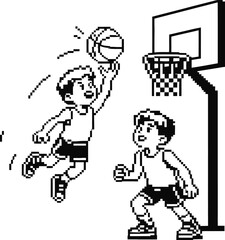Two young boys playing basketball one jumping to dunk the ball