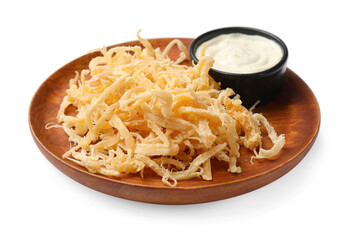 Tasty dried squid shavings and sauce isolated on white