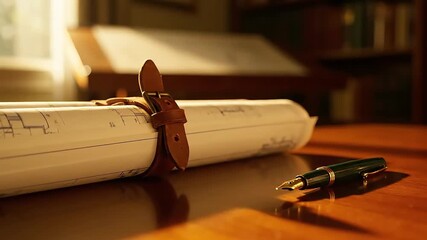 Rolled architectural blueprints secured with a leather strap on a wooden desk alongside a classic fountain pen symbolizing design planning and traditional craft
