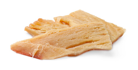 Pieces of tasty dried squid isolated on white