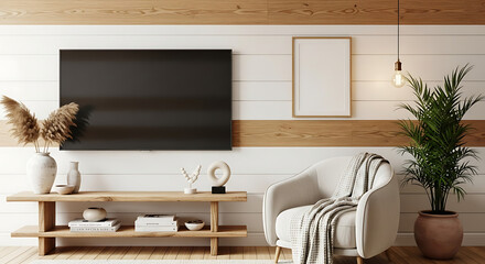 Modern living room with wall mounted television entertainment unit and cozy seating area