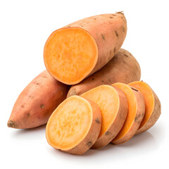 A close up view of a pile of sweet potatoes, some whole and some sliced, on a white background