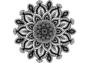 Intricate mandala coloring page with detailed floral and ornamental line art design. Perfect for relaxation, mindfulness practice, yoga, meditation, stress relief, and creative art therapy activities.
