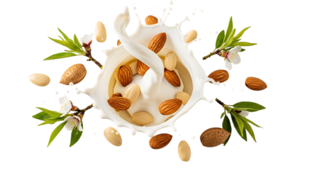 Almonds and milk splash isolated on transparent background