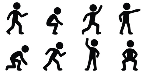 Stickman exercise and activity poses including stretching, squatting, walking, and running movements for health, sports, and fitness concepts