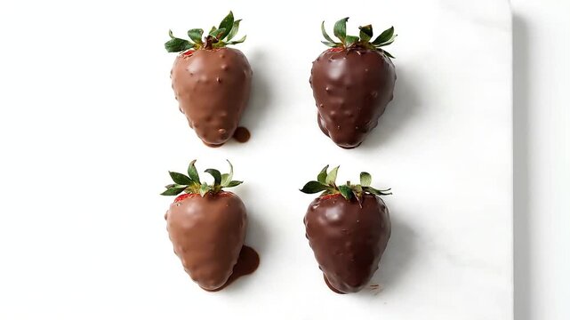 Gourmet Chocolate Dipped Strawberries Two Milk Chocolate and Two Dark Chocolate Covered Fresh Berries Elegantly Arranged on a Pristine White Background for Dess