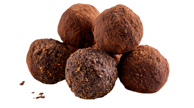Chocolate candy truffle balls with nutmeg flavor coated in cocoa powder as sweet gourmet dessert treat isolated on white background
