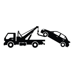 Towing truck lifting car silhouette for roadside assistance and vehicle recovery services silhouette