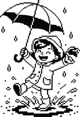 Happy child in rain boots jumping in puddles under an umbrella