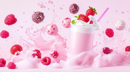 Pink milkshake with whipped cream and berries floating in a pink splash against a soft pink background