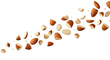Obraz premium Scattered almonds and halved almonds isolated on transparent background