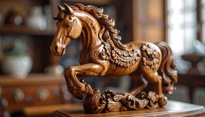 A detailed wooden sculpture of a horse rearing up, finely carved with intricate details. It sits on a wooden surface