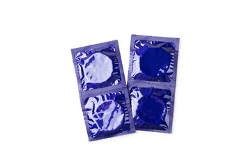 Condoms isolated on white background. Colorful fruit-colored condoms in packaging. Safe sex concept. Contraceptive. Different birth control methods. Aids prevention. World AIDS Day. Sexual health.