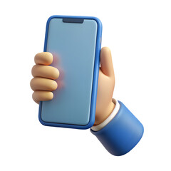 3d cartoon hand holding a blue smartphone against a black background