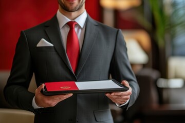 Professional waiter presents a menu in an upscale restaurant setting