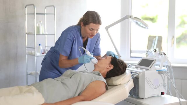 Professional female aesthetician administering hardware procedure on mature woman in cosmetology clinic, using ice hammer attachment to relieve inflammation and improve tone of client facial skin