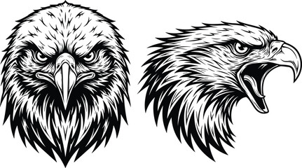Eagle head illustration, black and white vector, frontal and profile view, fierce gaze, open beak, detailed feathers, tattoo or logo design