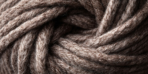 Fototapeta premium Closeup of brown wool yarn ball arranged in twisted strands forming handmade textile composition with natural fiber background - AI generated